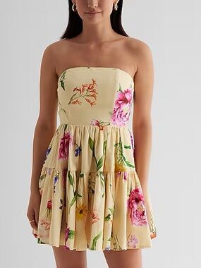 Express Floral Strapless Tiered Poplin Mini Dress